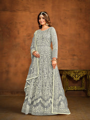 Grey Net Partywear Anarkali-Suit