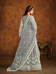 Grey Net Partywear Anarkali-Suit