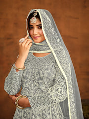 Grey Net Partywear Anarkali-Suit
