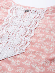 Women Pink Floral Printed Flared Sleeves Thread Work Kurta