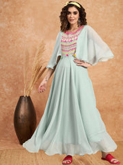 Turquoise Embroidered A-Line Maxi Ethnic Dresses
