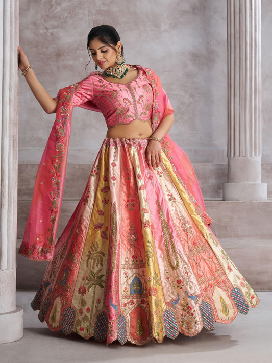 Pretty Pink Silk intricate paisley Motifs traditional embroidered wedding Lehenga.