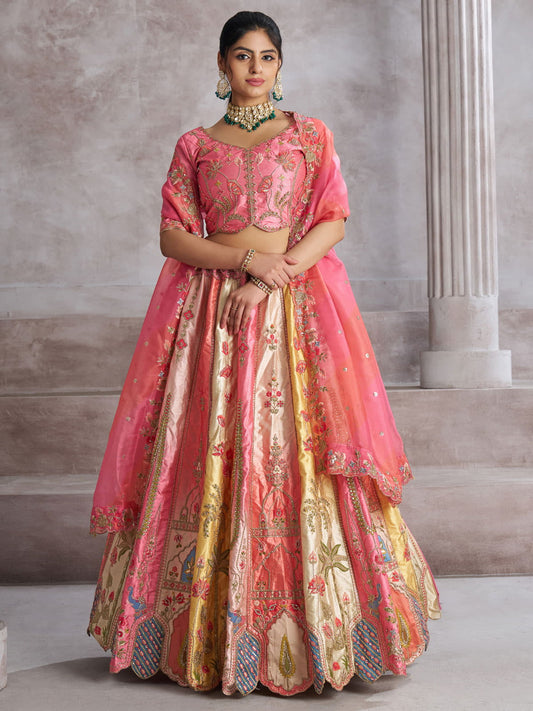 Pretty Pink Silk intricate paisley Motifs traditional embroidered wedding Lehenga.