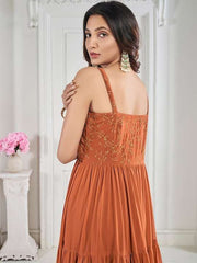 Rust Floral Embroidered Sequined & Tiered Maxi Ethnic Dress