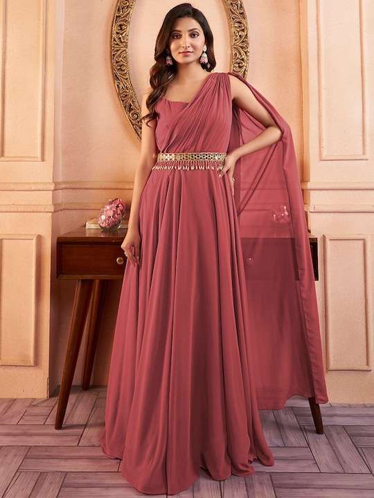 Peach Sleeveless Maxi Ethnic Dress With Embellished Belt XXL-44 Peach Sleeveless Maxi Ethnic Dress With Embellished Belt XXL-44