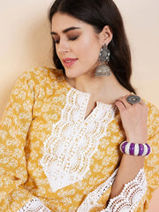 Mustard Floral Printed Thread Work Straight Kurta