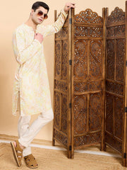 Yellow Geometric Embroidered Mandarin Collar Straight Kurta
