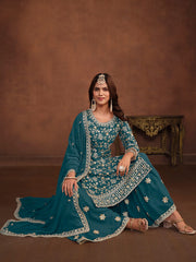 Teal Georgette Partywear Sharara-Style-Suit