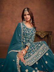 Teal Georgette Partywear Sharara-Style-Suit