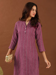 Pink Ethnic Woven Design Mandarin Collar Cotton A-Line Kurta