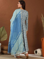 White Floral Printed Round Neck Anarkali Kurta with Trousers & Dupatta