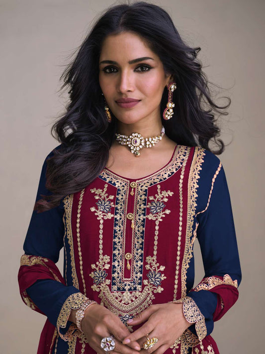 Maroon And Blue Embroidery Festive Palazzo Suit
