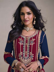 Maroon And Blue Embroidery Festive Palazzo Suit