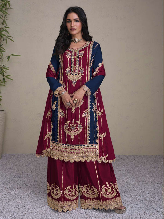 Maroon And Blue Embroidery Festive Palazzo Suit