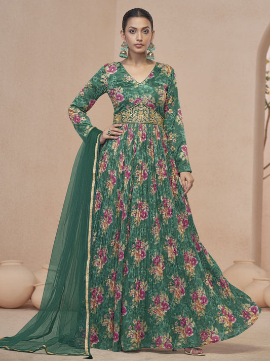 Green Embroidered Wedding Anarkali Gown