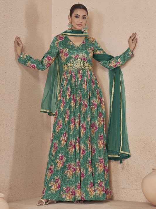 Green Embroidered Wedding Anarkali Gown