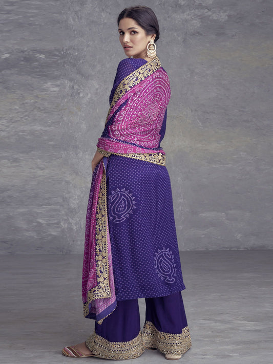 Purple Embroidered Chinnon Wedding Style Palazzo Suit