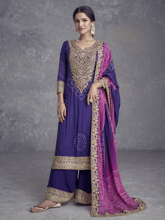 Purple Embroidered Chinnon Wedding Style Palazzo Suit