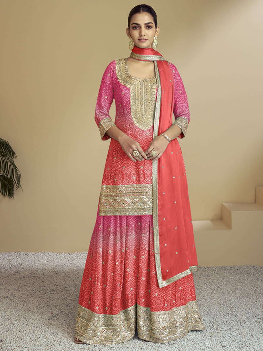 Pink Orange Ombre Designer Kurti And Palazzo