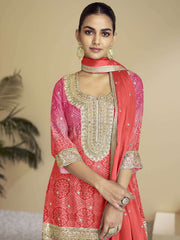 Pink Orange Ombre Designer Kurti And Palazzo