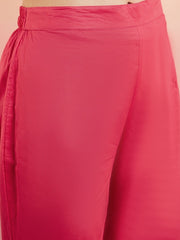 Pink & White Floral Embroidered Flared V-Neck Kurta & Palazzo