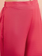 Pink & White Floral Embroidered Flared V-Neck Kurta & Palazzo