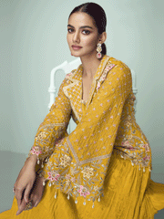 Yellow Chinnon Embroidered Lehenga Skirt Style Suit