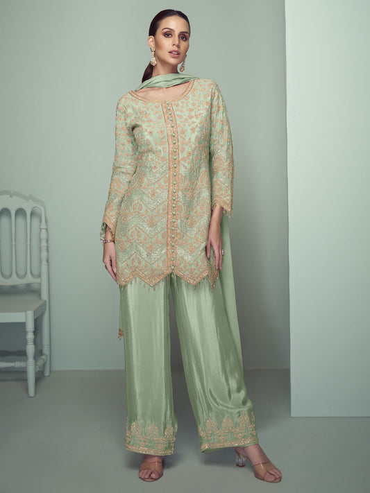 Light Green Cording Embroidery Traditional Pant Style Suit