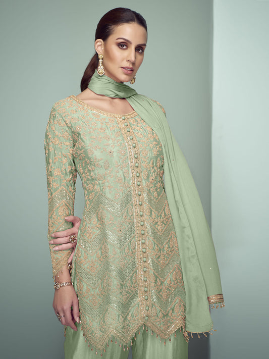 Light Green Cording Embroidery Traditional Pant Style Suit