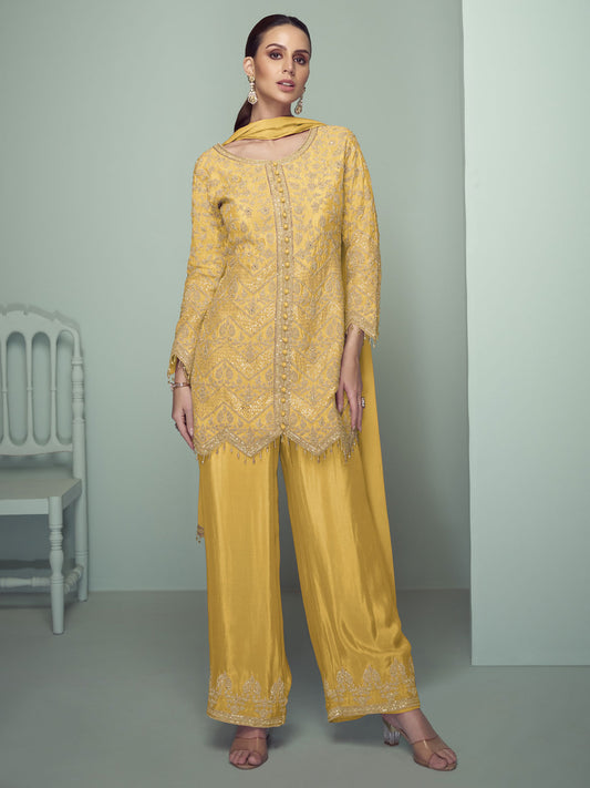 Yellow Cording Embroidery Traditional Pant Style Suit