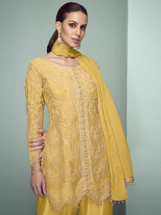 Yellow Cording Embroidery Traditional Pant Style Suit