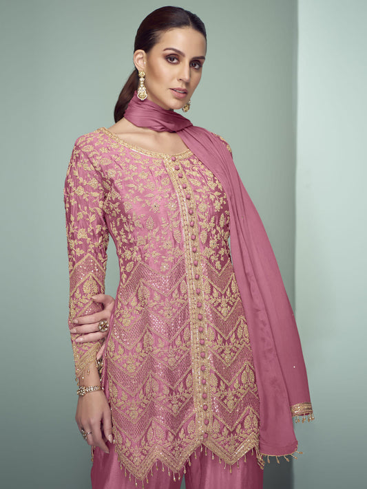 Rose Pink Cording Embroidery Traditional Pant Style Suit