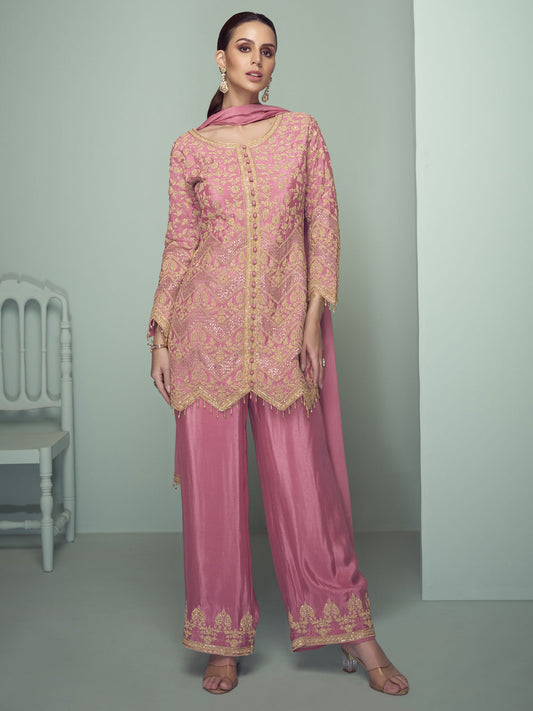 Rose Pink Cording Embroidery Traditional Pant Style Suit