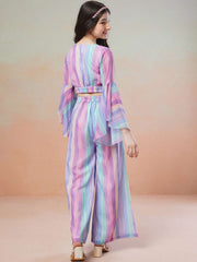 Purple Girls Striped V-Neck Top With Palazzos