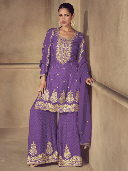 Purple Digital Print real Chinon Sharara Suit