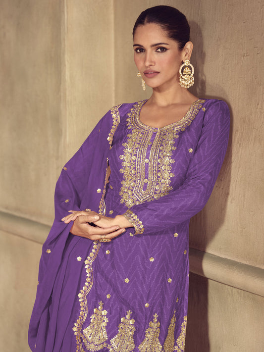 Purple Digital Print real Chinon Sharara Suit