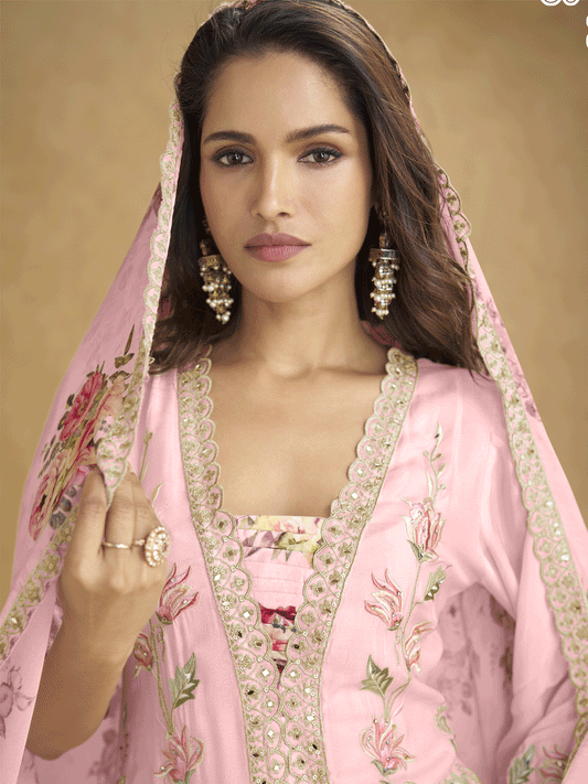Premium Pink Color Chinnon Palazzo Suit