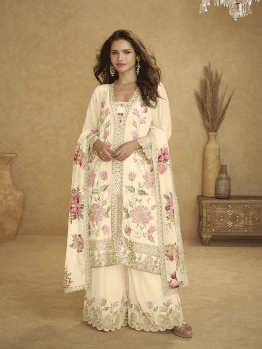 Off White Digital Print Embroidered Sequins With Stone Work Palazzo Suit Festive Wear