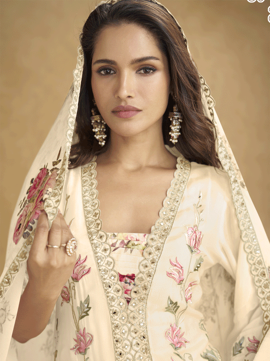 Off White Digital Print Embroidered Sequins With Stone Work Palazzo Suit Festive Wear