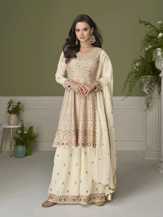 Georgette Hand Embroidered Cream Palazzo Suit