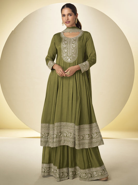 Mehndi Green Festive Style Embroidered Palazzo Suit