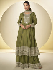 Mehndi Green Festive Style Embroidered Palazzo Suit