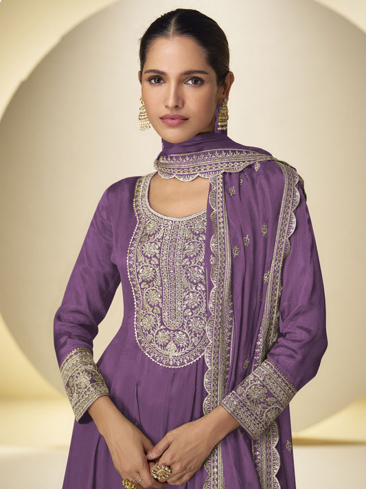 Mauve Purple Festive Style Embroidered Palazzo Suit