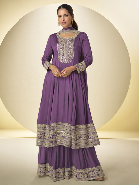 Mauve Purple Festive Style Embroidered Palazzo Suit