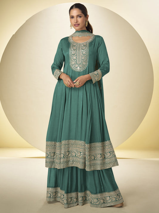 Aqua Green Festive Style Embroidered Palazzo Suit