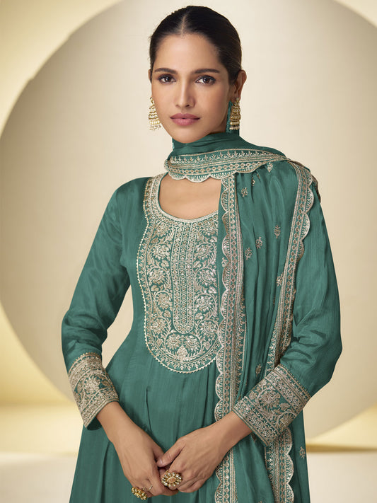 Aqua Green Festive Style Embroidered Palazzo Suit