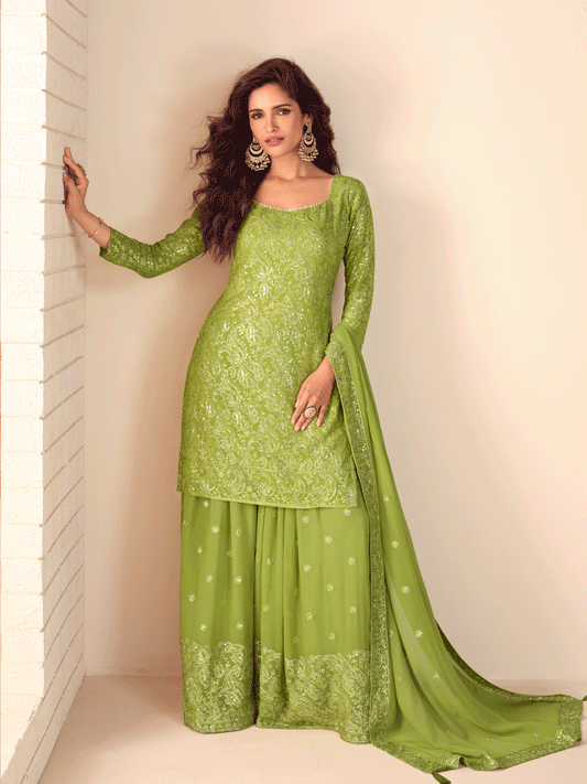 Lime Green Sequins Embroidery Gharara Style Suit