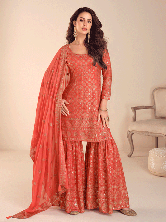Red Orange Sequins Embroidery Gharara Style Suit
