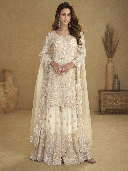 Net Off White Embroidered Eid Wear Palazzo Suit