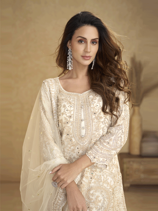 Net Off White Embroidered Eid Wear Palazzo Suit